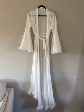Sheer White Long Robe with Ruffle Trim